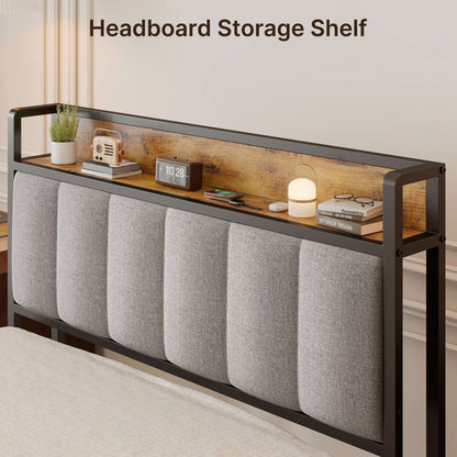 Cadre de lit à plateforme en métal pour lit jumeau / double / queen / king size avec tête de lit rembourrée et rangement.