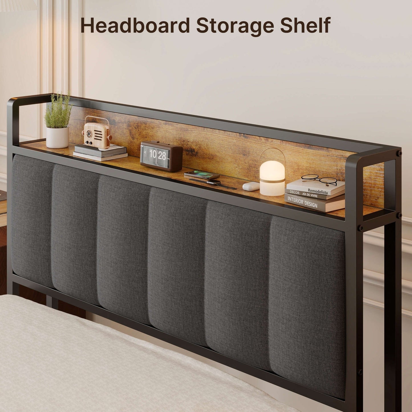 Cadre de lit à plateforme en métal pour lit jumeau / double / queen / king size avec tête de lit rembourrée et rangement.