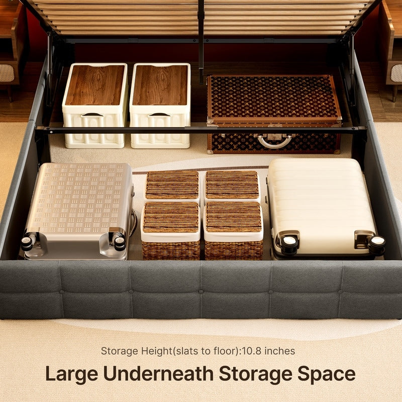 Cadre de lit coffre relevable, cadre de lit plateforme recouvert de tissu avec système de rangement hydraulique et tête de lit.