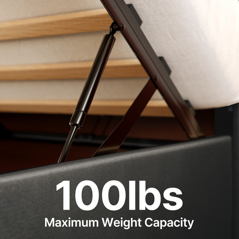 Cadre de lit coffre relevable, cadre de lit plateforme recouvert de tissu avec système de rangement hydraulique et tête de lit.