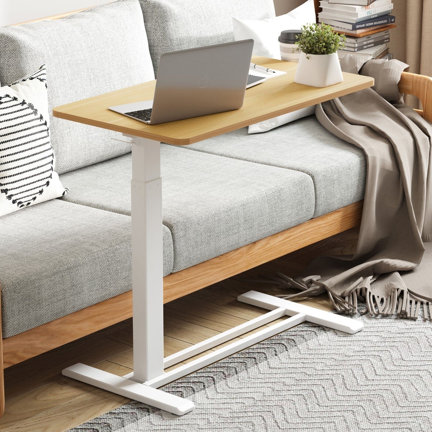 FunniHomi 28/32 Movable Overbed Table Height Adjustable Computer Desk with Wheels, White/Black Laptop Table for Bed and Sofa