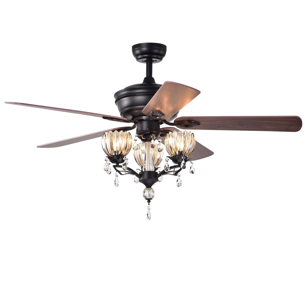 Garlow Matte Black 5-blade Lighted Ceiling Fan with Crystal Flower Cups Chandelier (includes Remote) - 52-inches Diameter