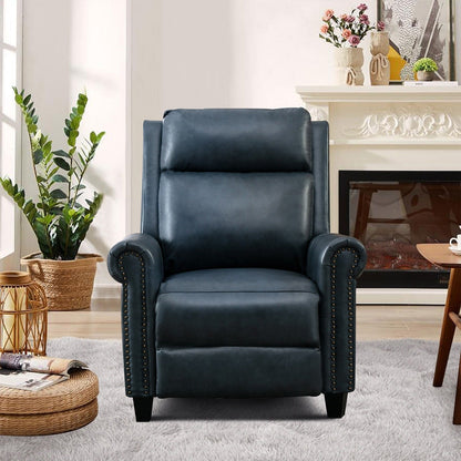 Fauteuil inclinable en cuir véritable avec accoudoirs et dossier confortables.