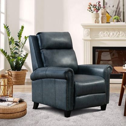 Fauteuil inclinable en cuir véritable avec accoudoirs et dossier confortables.