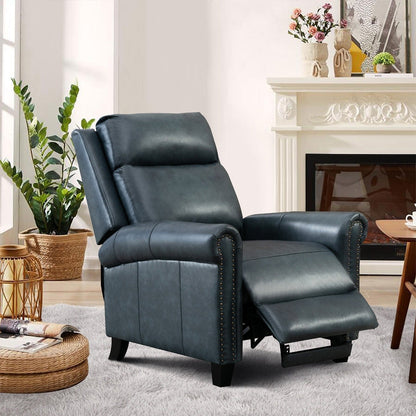 Fauteuil inclinable en cuir véritable avec accoudoirs et dossier confortables.