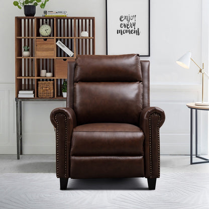 Fauteuil inclinable en cuir véritable avec accoudoirs et dossier confortables.