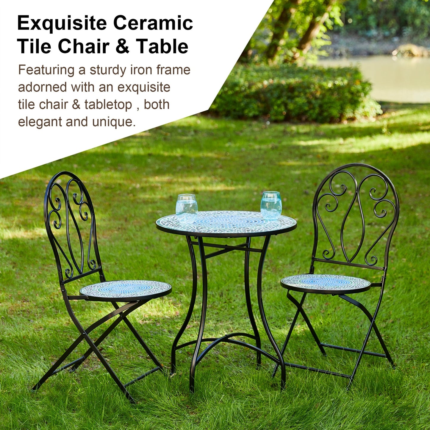 Glitzhome Ensemble de Bistro Pliable en Métal pour Extérieur, 3 Pièces, Table et Chaises de Patio