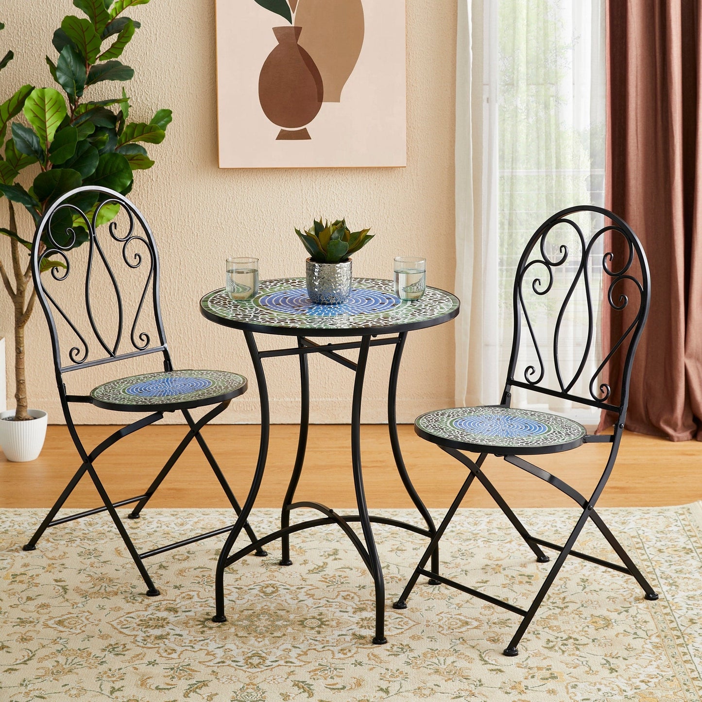 Glitzhome Ensemble de Bistro Pliable en Métal pour Extérieur, 3 Pièces, Table et Chaises de Patio