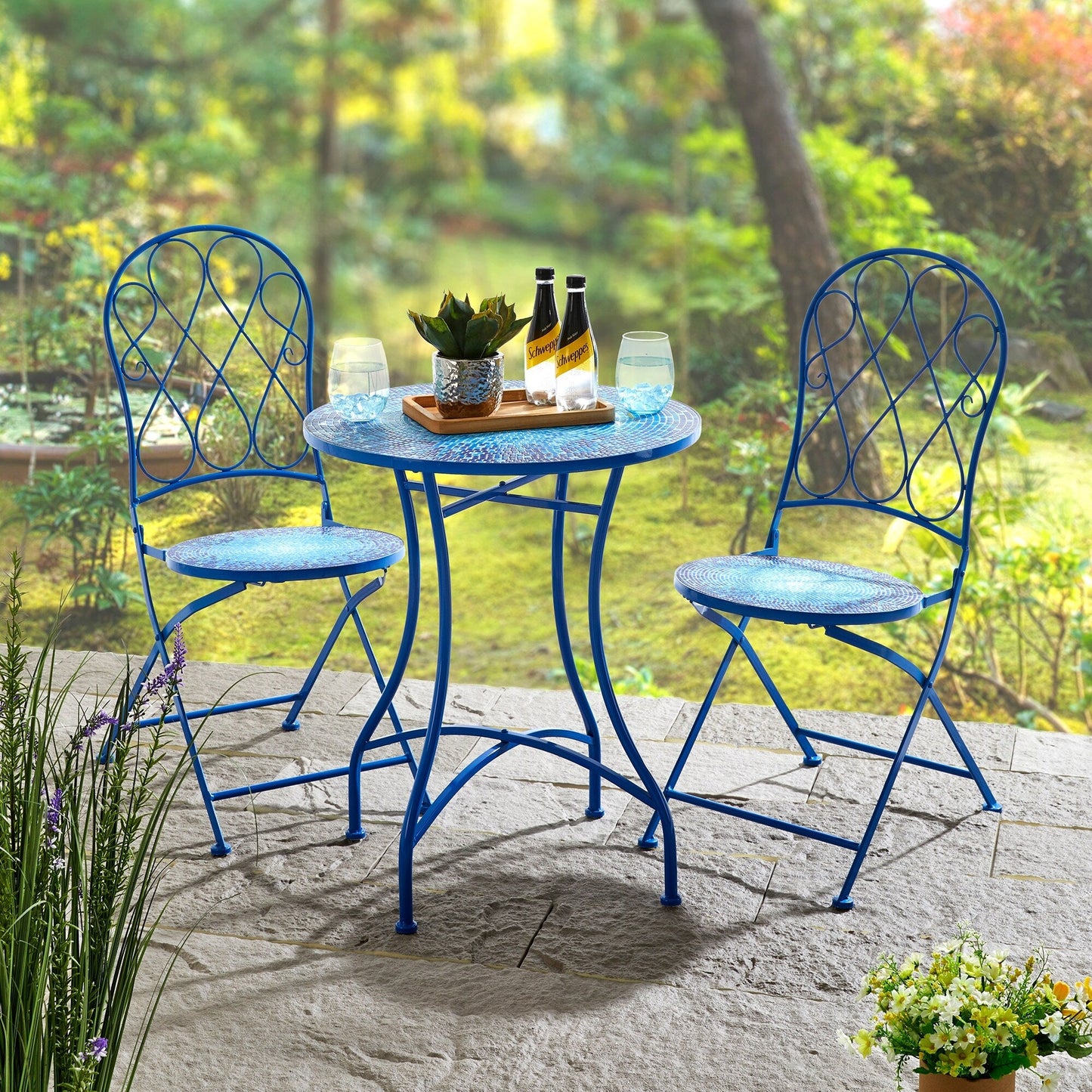 Glitzhome Ensemble de Bistro Pliable en Métal pour Extérieur, 3 Pièces, Table et Chaises de Patio