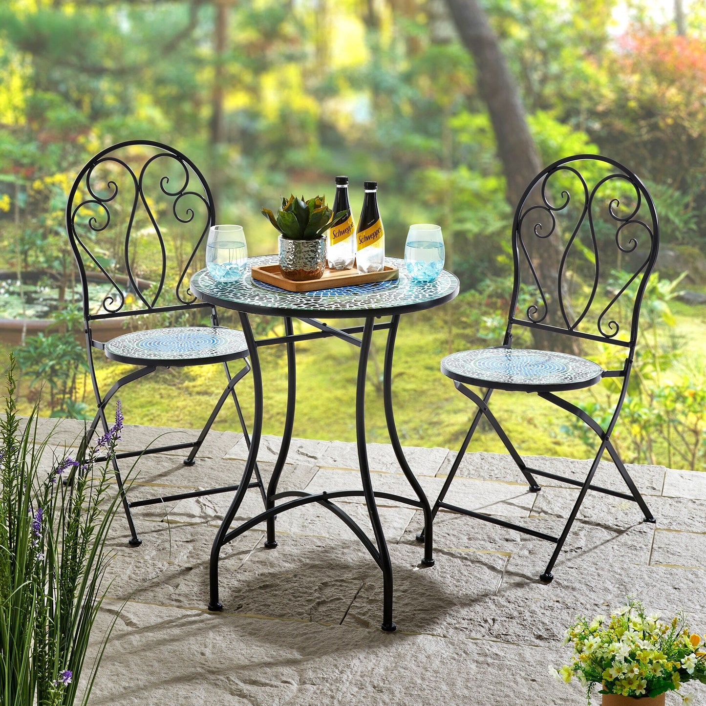 Glitzhome Ensemble de Bistro Pliable en Métal pour Extérieur, 3 Pièces, Table et Chaises de Patio