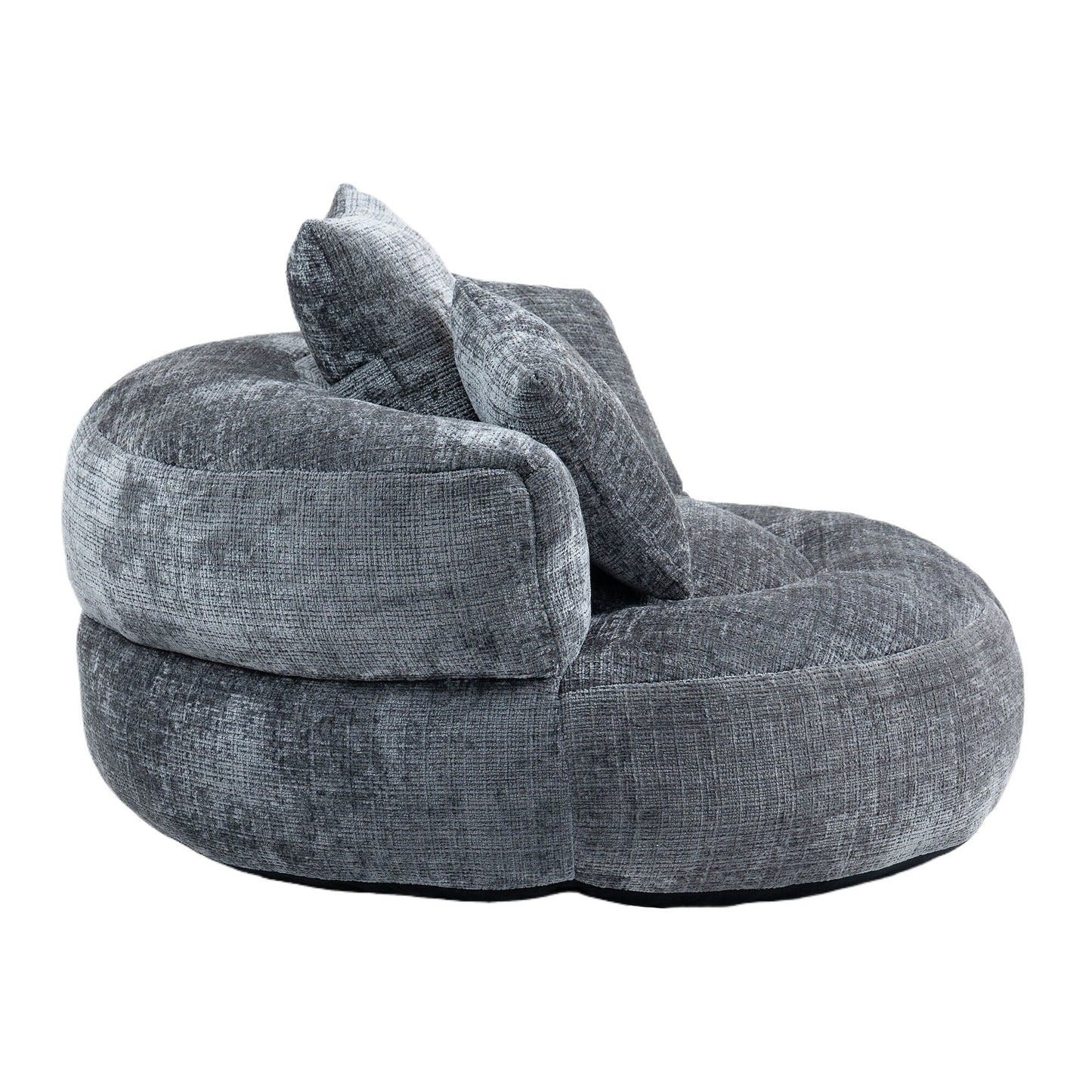Canapé pouf géant gris en chenille 42.52, pour chambre à coucher, avec trois coussins.