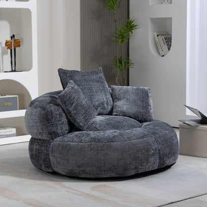 Canapé pouf géant gris en chenille 42.52, pour chambre à coucher, avec trois coussins.