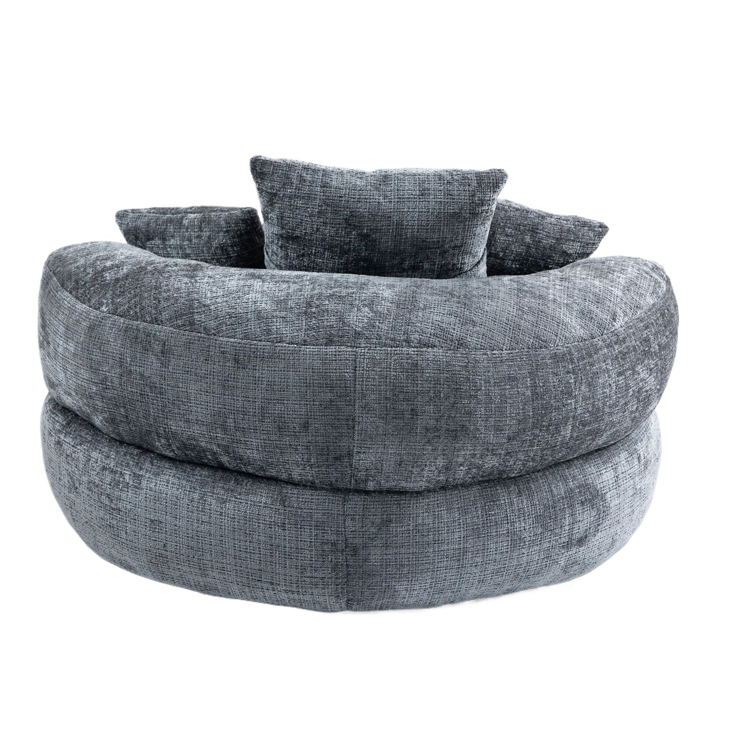 Canapé pouf géant gris en chenille 42.52, pour chambre à coucher, avec trois coussins.