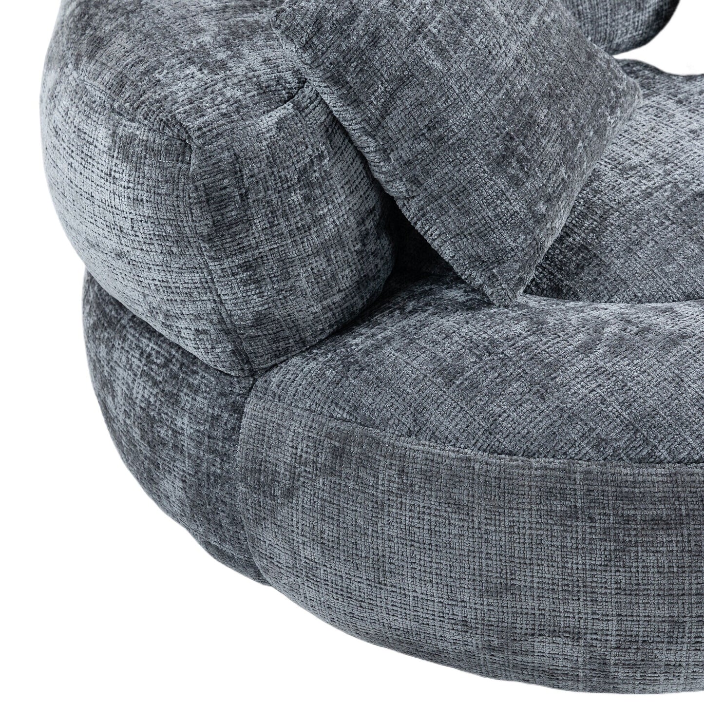 Canapé pouf géant gris en chenille 42.52, pour chambre à coucher, avec trois coussins.