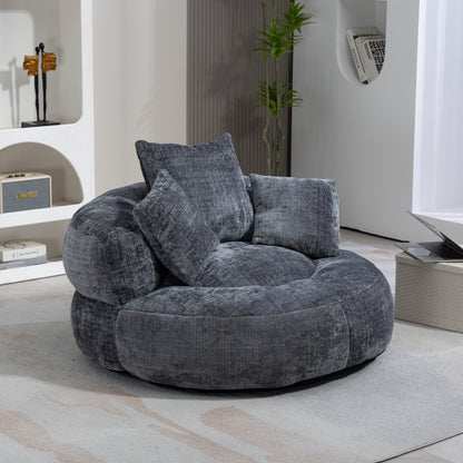 Canapé pouf géant gris en chenille 42.52, pour chambre à coucher, avec trois coussins.
