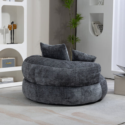 Canapé pouf géant gris en chenille 42.52, pour chambre à coucher, avec trois coussins.