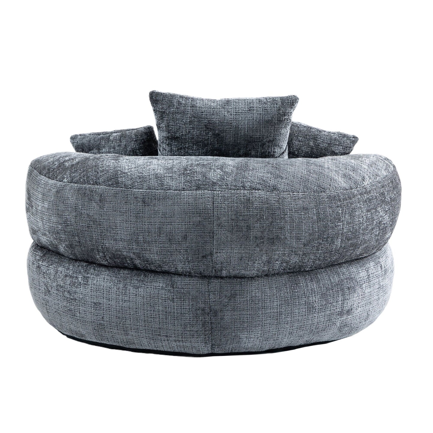 Canapé pouf géant gris en chenille 42.52, pour chambre à coucher, avec trois coussins.