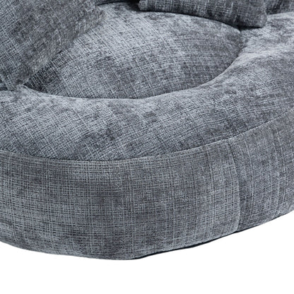 Canapé pouf géant gris en chenille 42.52, pour chambre à coucher, avec trois coussins.