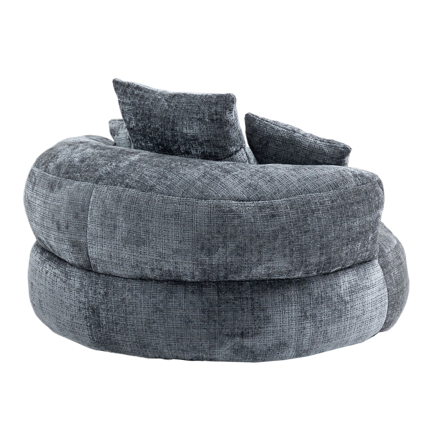 Canapé pouf géant gris en chenille 42.52, pour chambre à coucher, avec trois coussins.