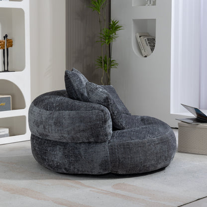 Canapé pouf géant gris en chenille 42.52, pour chambre à coucher, avec trois coussins.