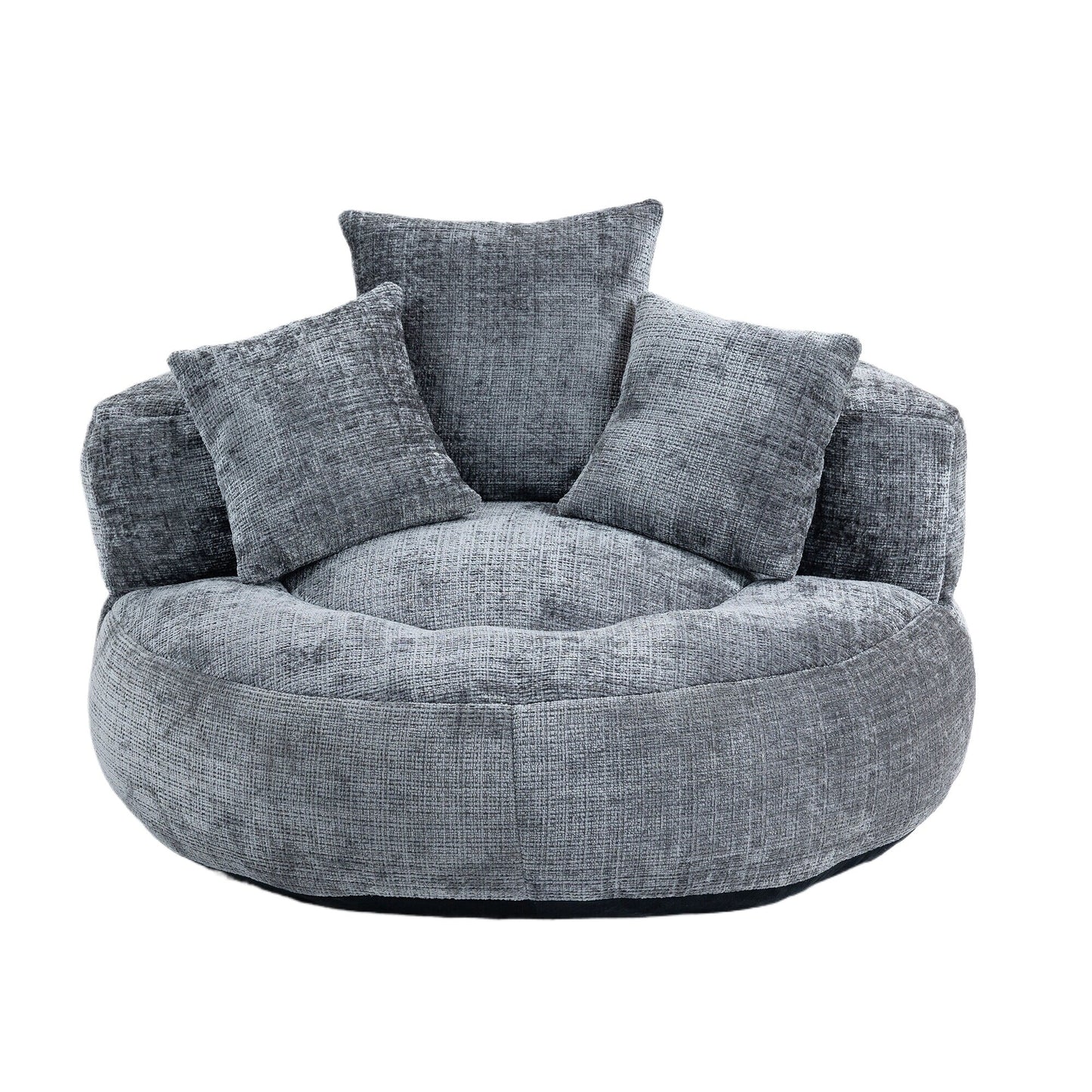 Canapé pouf géant gris en chenille 42.52, pour chambre à coucher, avec trois coussins.