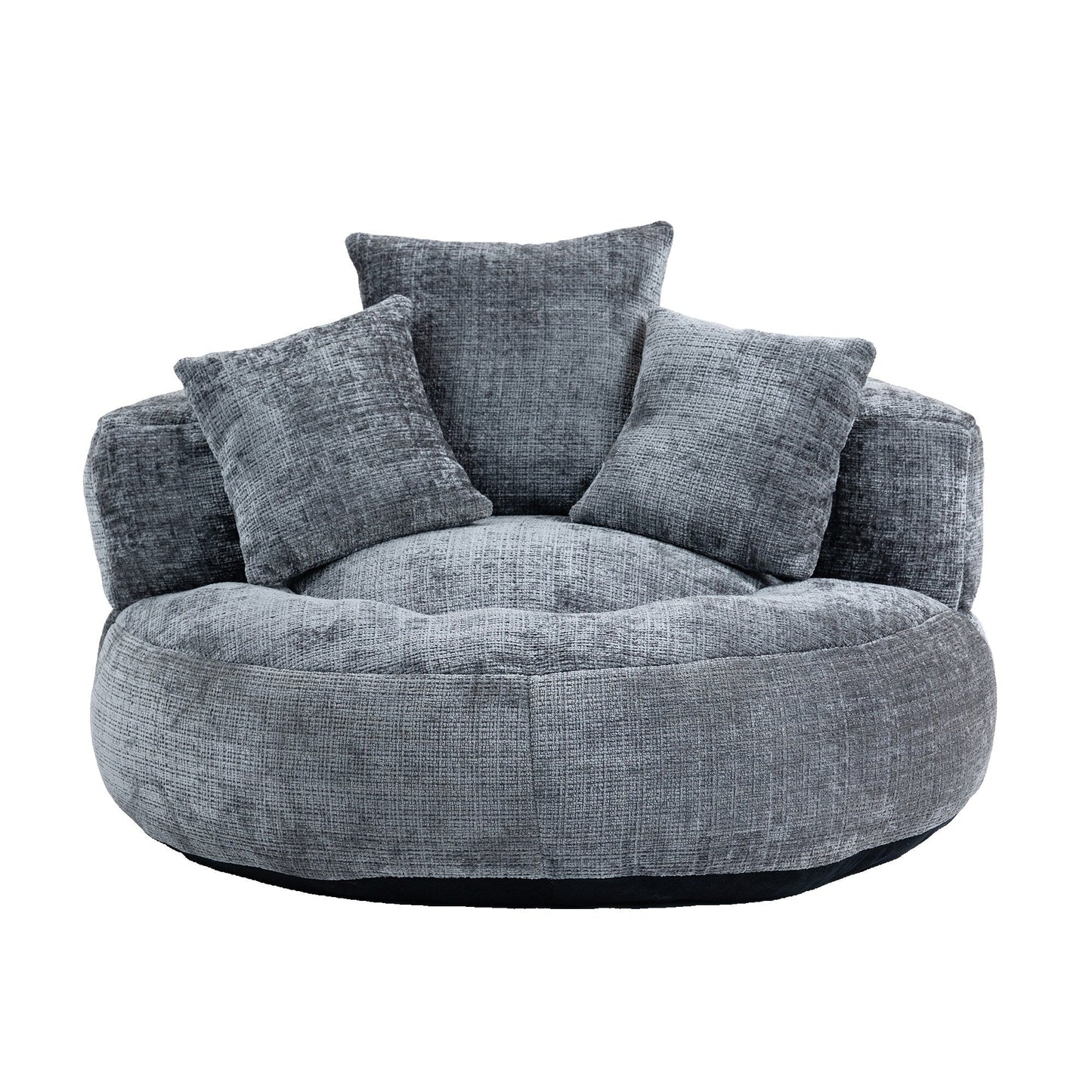 Canapé pouf géant gris en chenille 42.52, pour chambre à coucher, avec trois coussins.