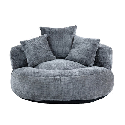 Canapé pouf géant gris en chenille 42.52, pour chambre à coucher, avec trois coussins.
