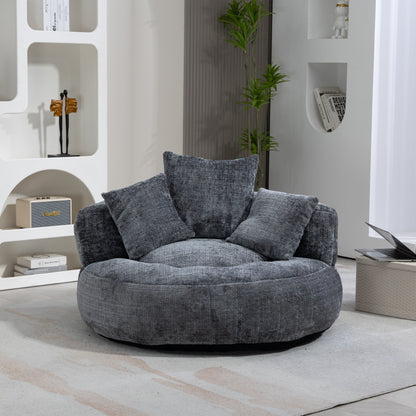Canapé pouf géant gris en chenille 42.52, pour chambre à coucher, avec trois coussins.