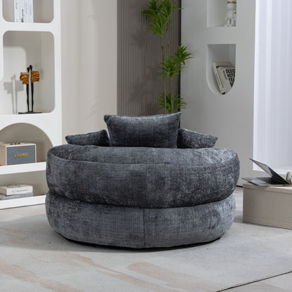 Canapé pouf géant gris en chenille 42.52, pour chambre à coucher, avec trois coussins.