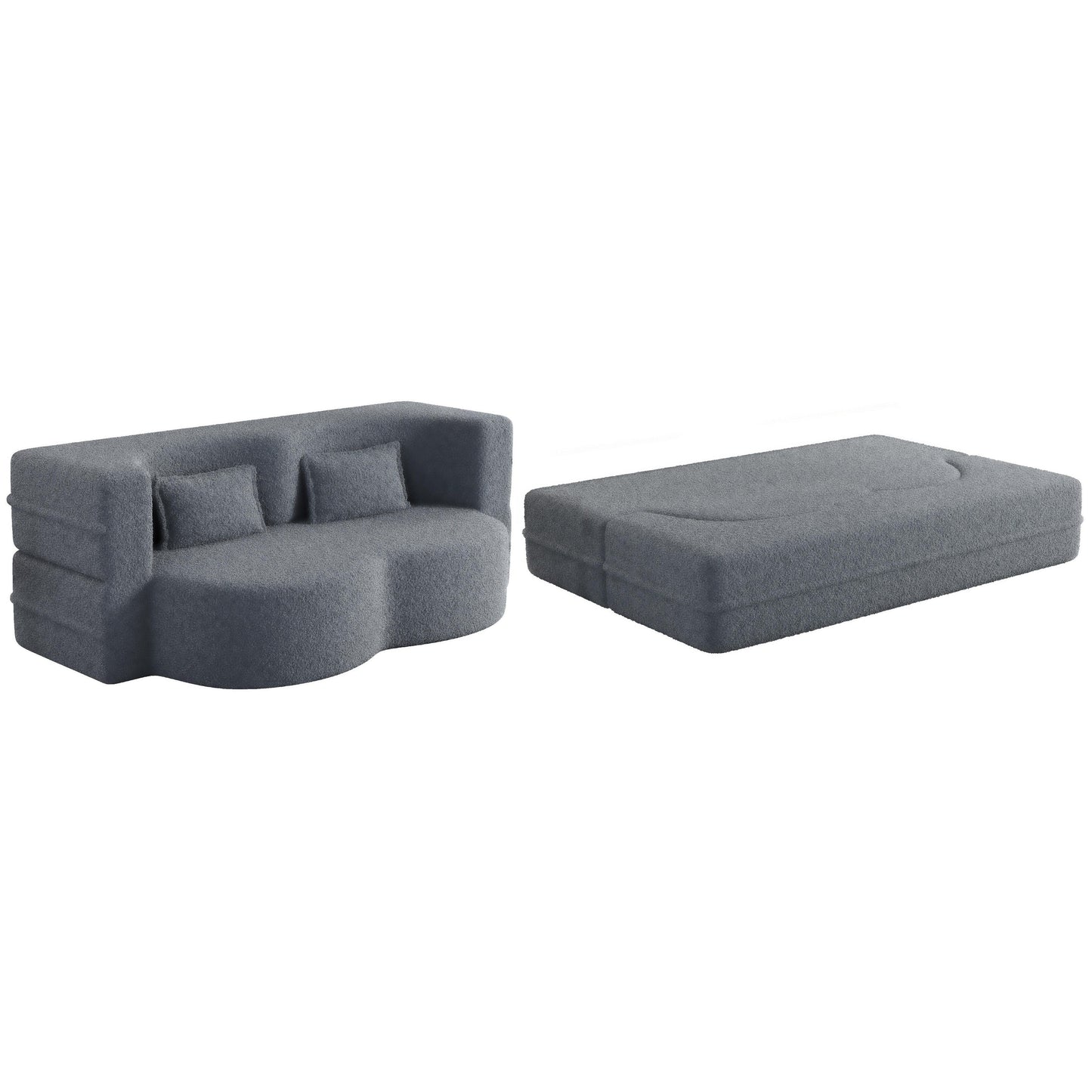 Canapé-lit convertible gris Teddy en tissu, avec 2 coussins et matelas pliable, garni de mousse, pour salon (78 pouces)