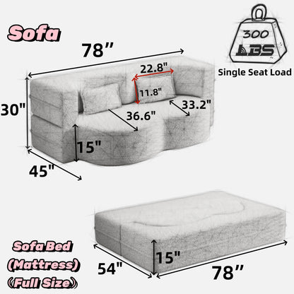 Canapé-lit convertible gris Teddy en tissu, avec 2 coussins et matelas pliable, garni de mousse, pour salon (78 pouces)