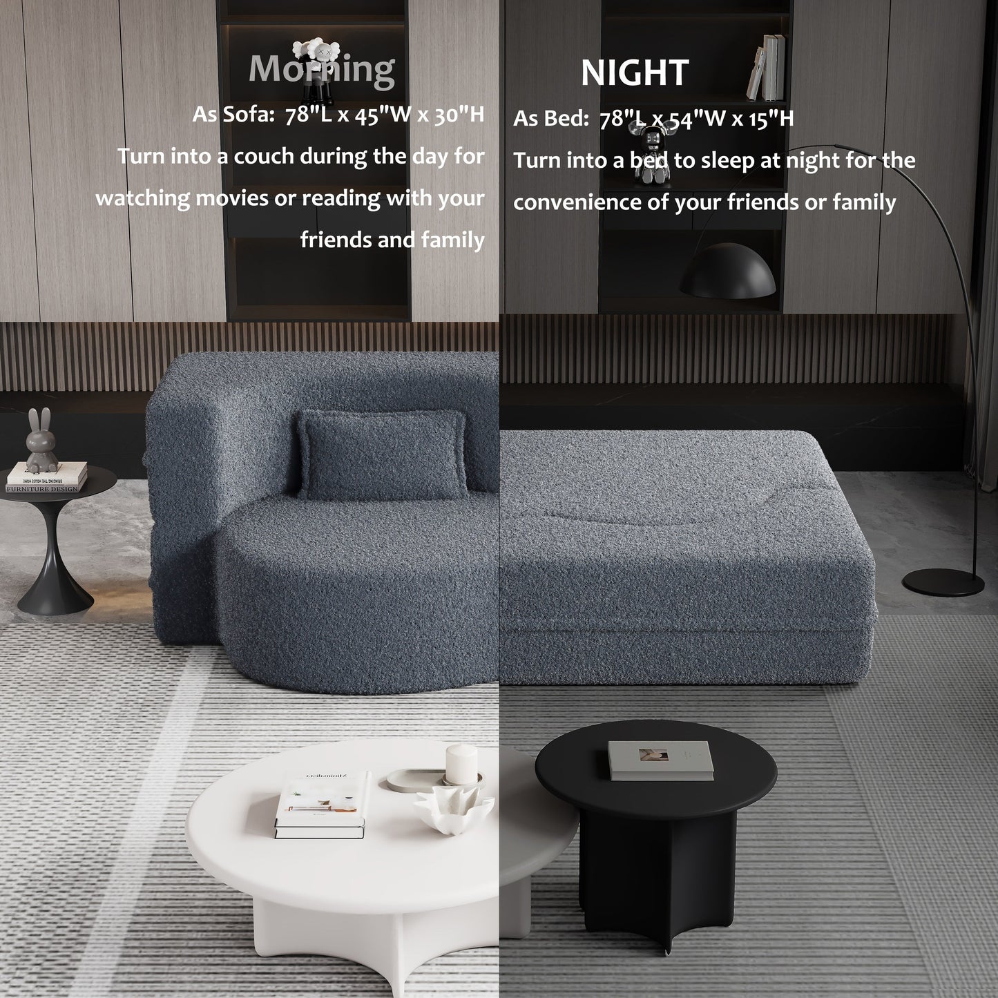 Canapé-lit convertible gris Teddy en tissu, avec 2 coussins et matelas pliable, garni de mousse, pour salon (78 pouces)