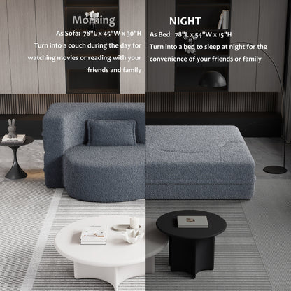 Canapé-lit convertible gris Teddy en tissu, avec 2 coussins et matelas pliable, garni de mousse, pour salon (78 pouces)