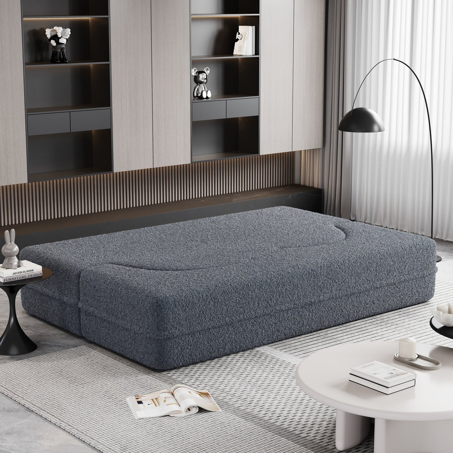 Canapé-lit convertible gris Teddy en tissu, avec 2 coussins et matelas pliable, garni de mousse, pour salon (78 pouces)