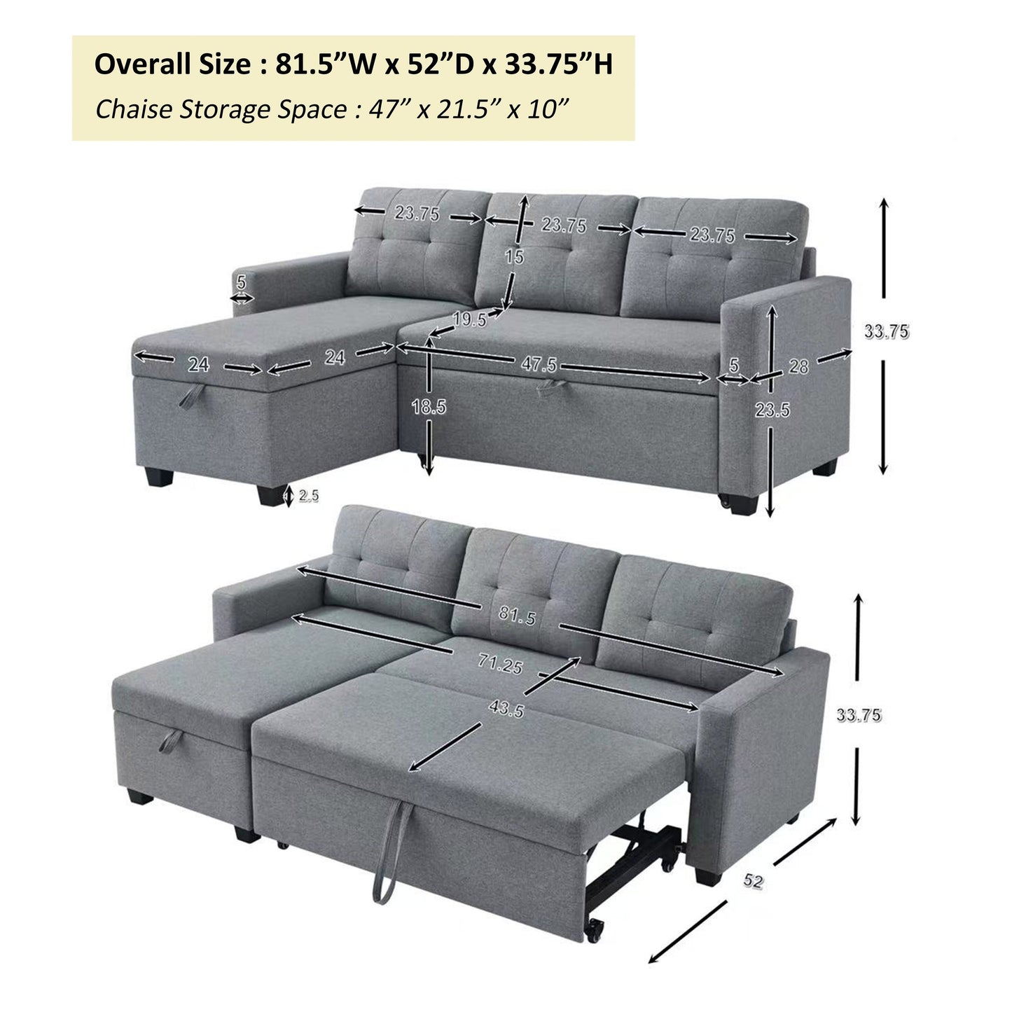 Canapé-lit convertible gris en lin de 207 cm avec méridienne de rangement réversible