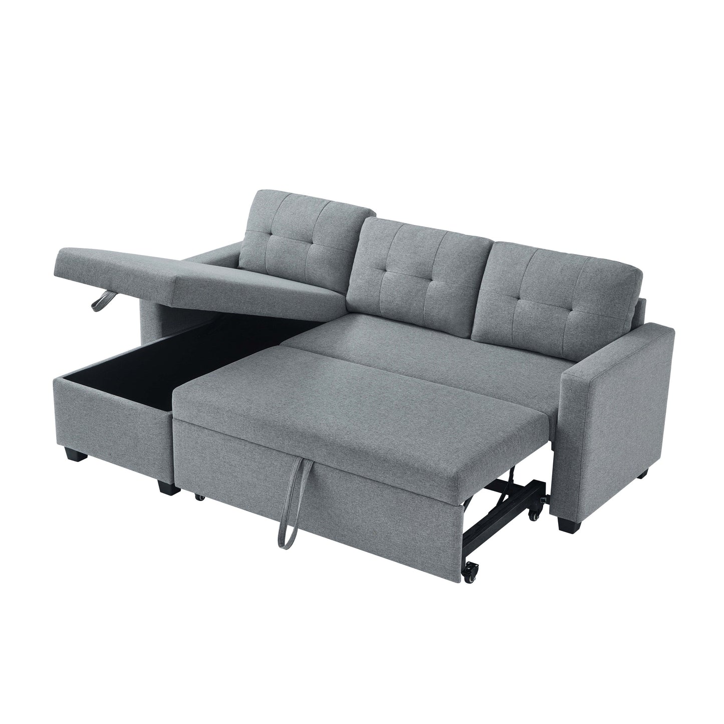 Canapé-lit convertible gris en lin de 207 cm avec méridienne de rangement réversible