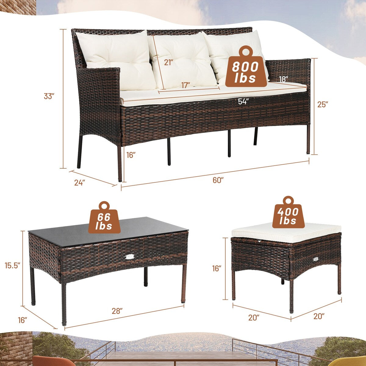 Gymax Ensemble de meubles de salon d'extérieur en rotin 3 pièces - Voir les détails