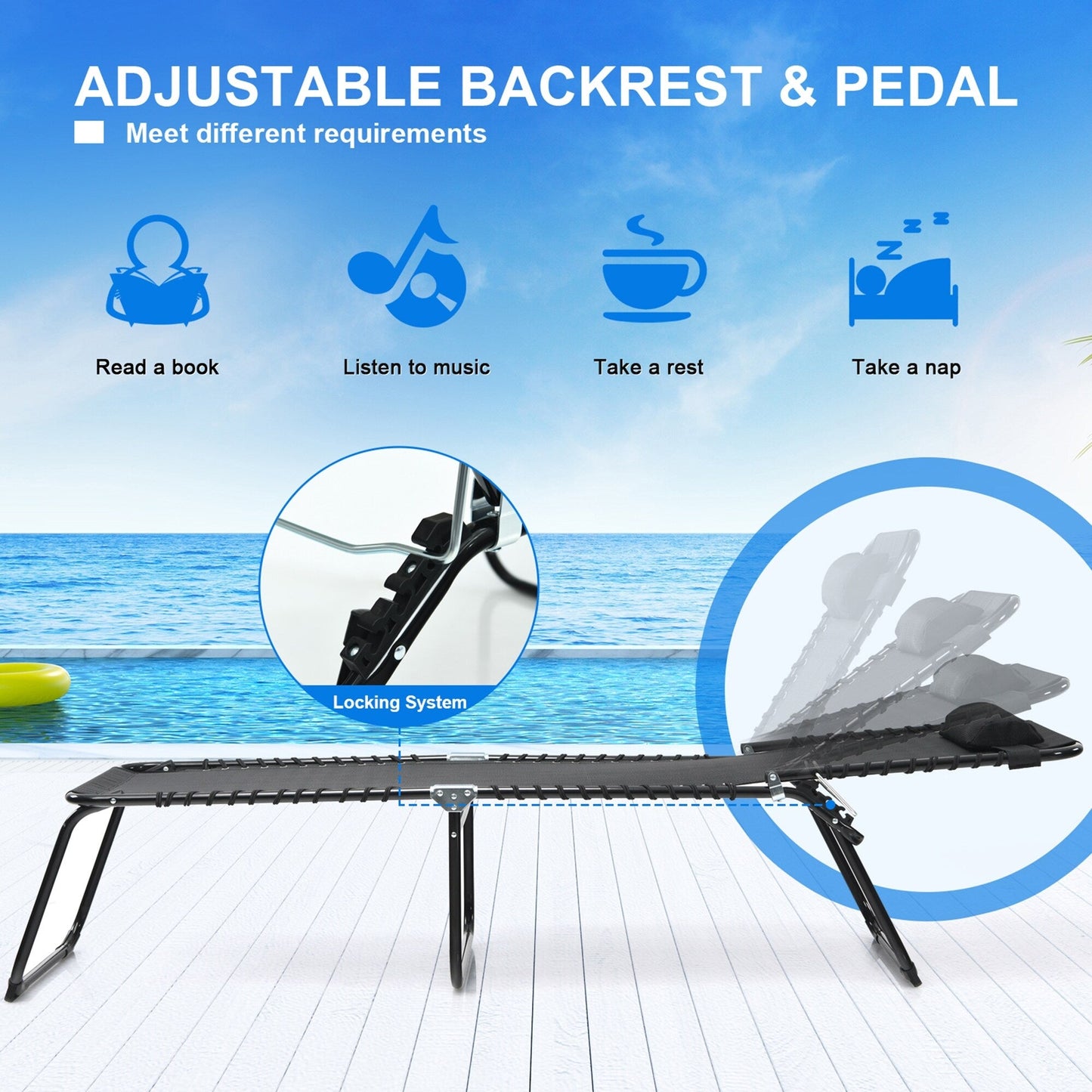 Gymax Chaise de plage pliable, chaise longue avec coussin, 4 positions