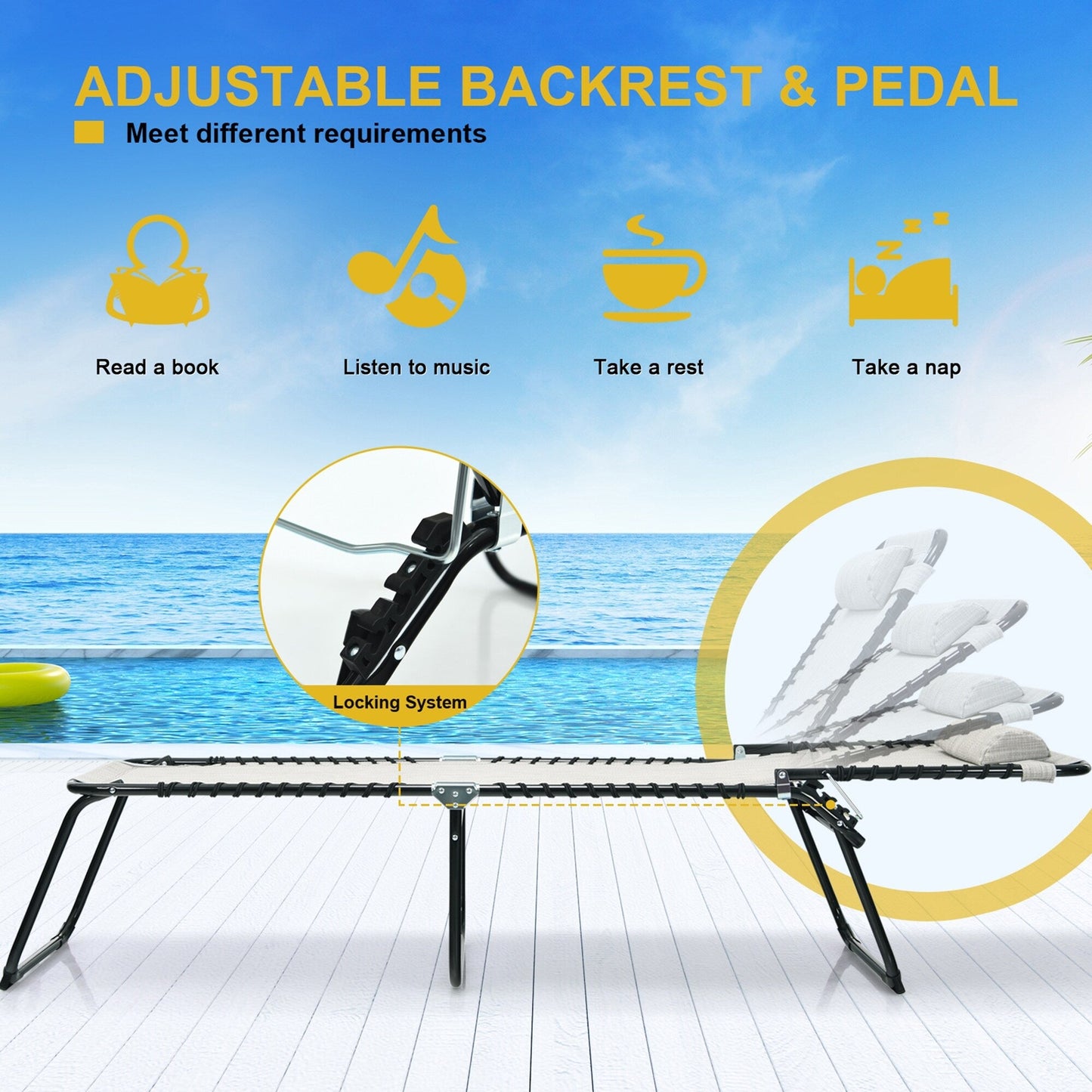 Gymax Chaise de plage pliable, chaise longue avec coussin, 4 positions