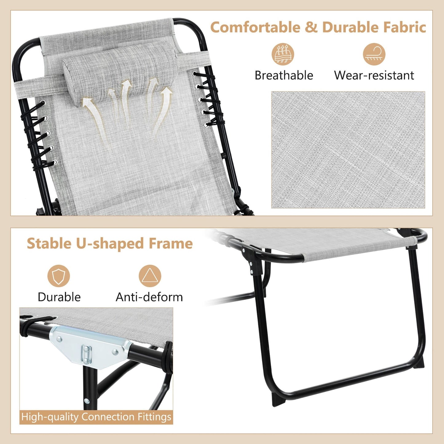 Gymax Chaise de plage pliable, chaise longue avec coussin, 4 positions