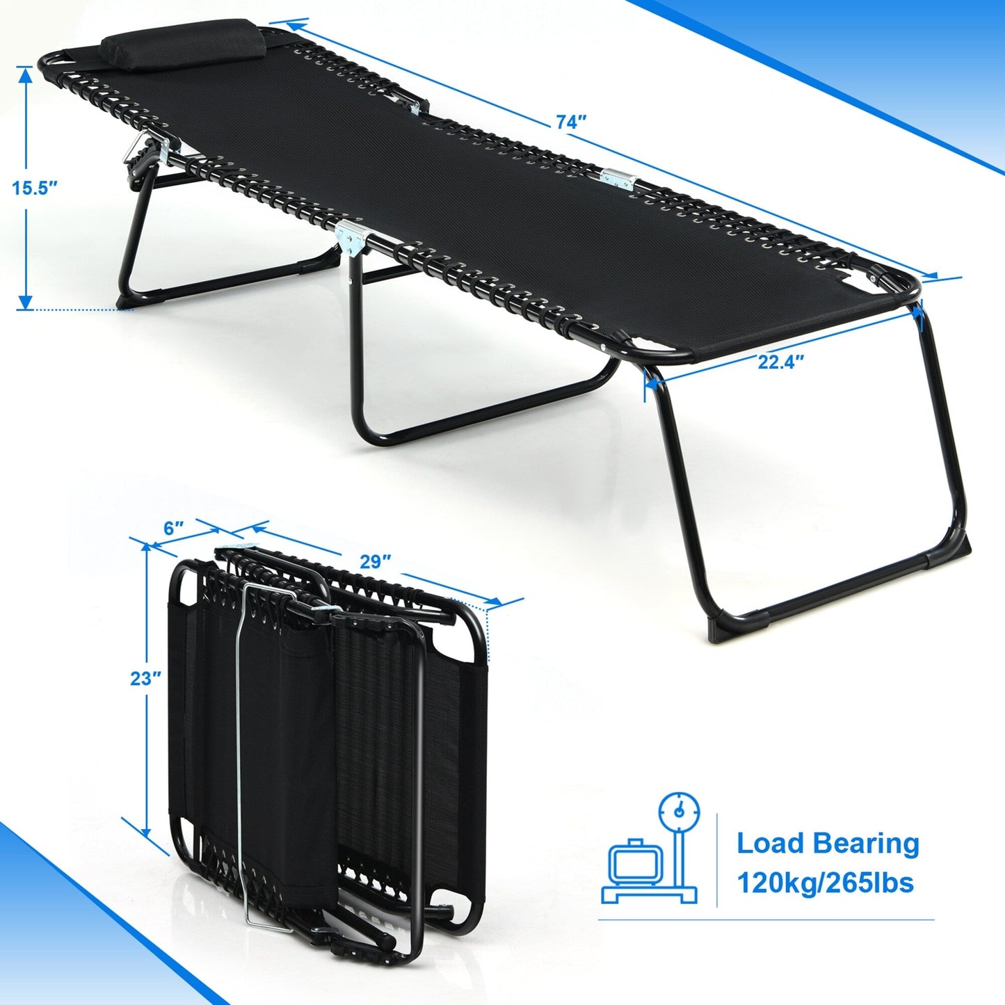 Gymax Chaise de plage pliable, chaise longue avec coussin, 4 positions