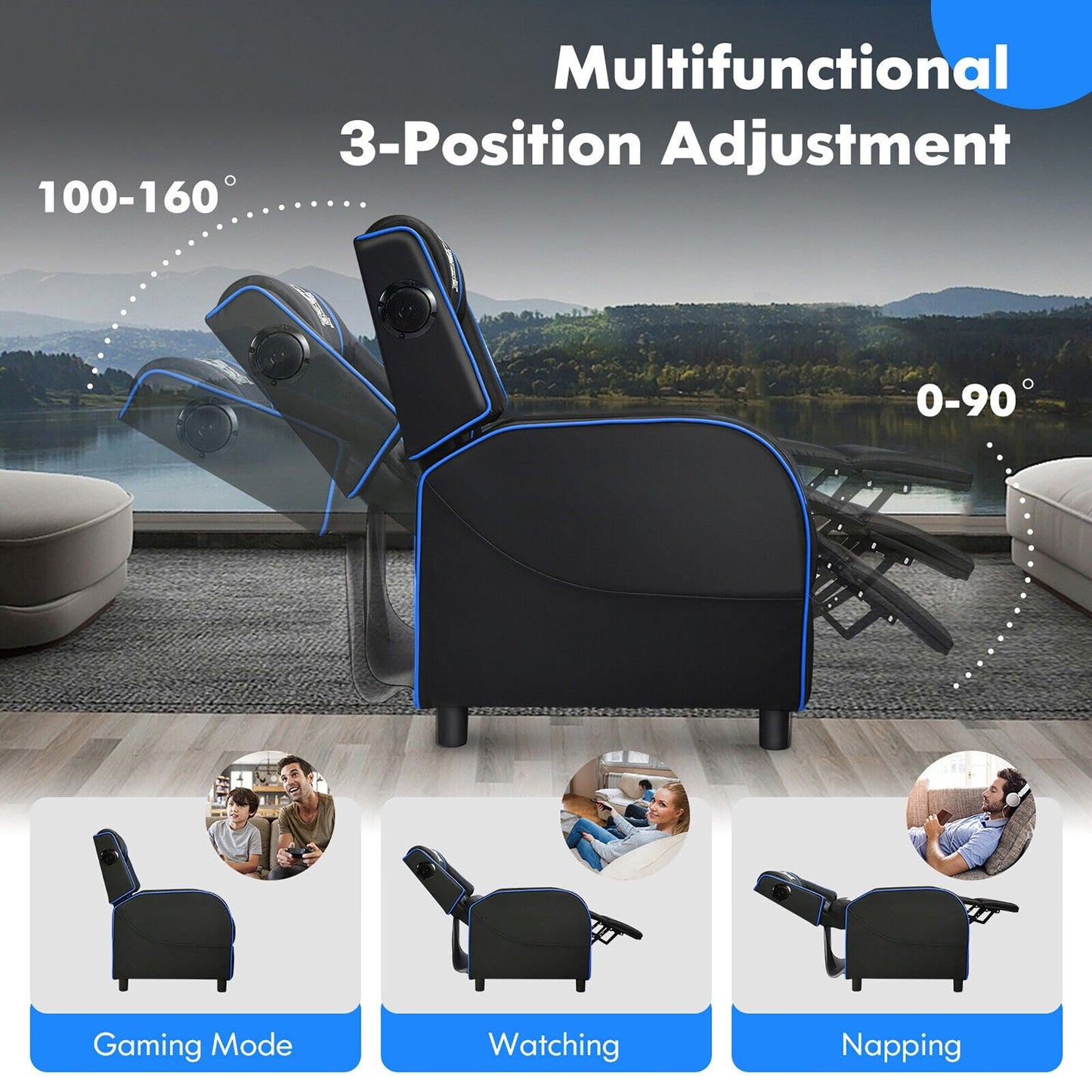 Fauteuil de jeu inclinable avec massage en cuir PU Gymax, siège inclinable individuel.