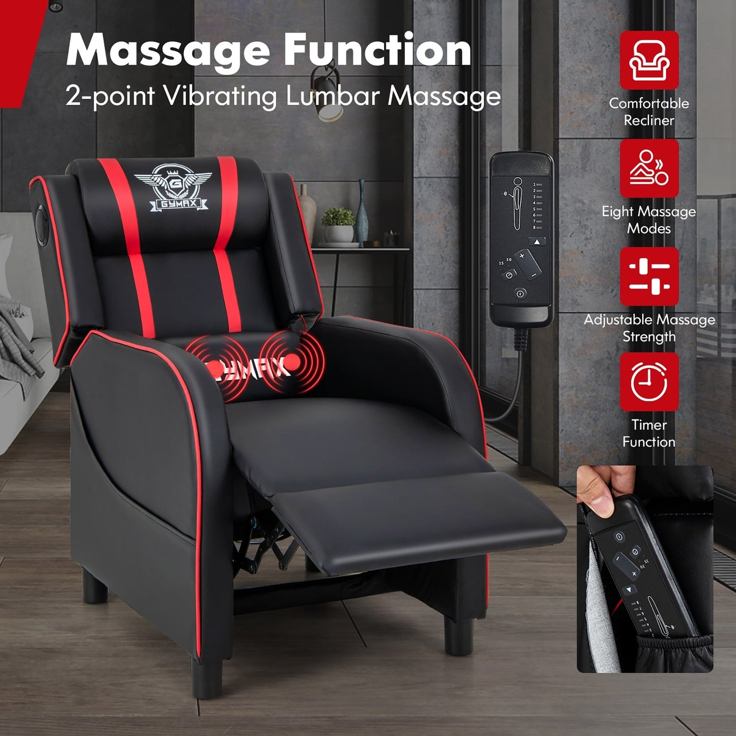 Fauteuil de jeu inclinable avec massage en cuir PU Gymax, siège inclinable individuel.