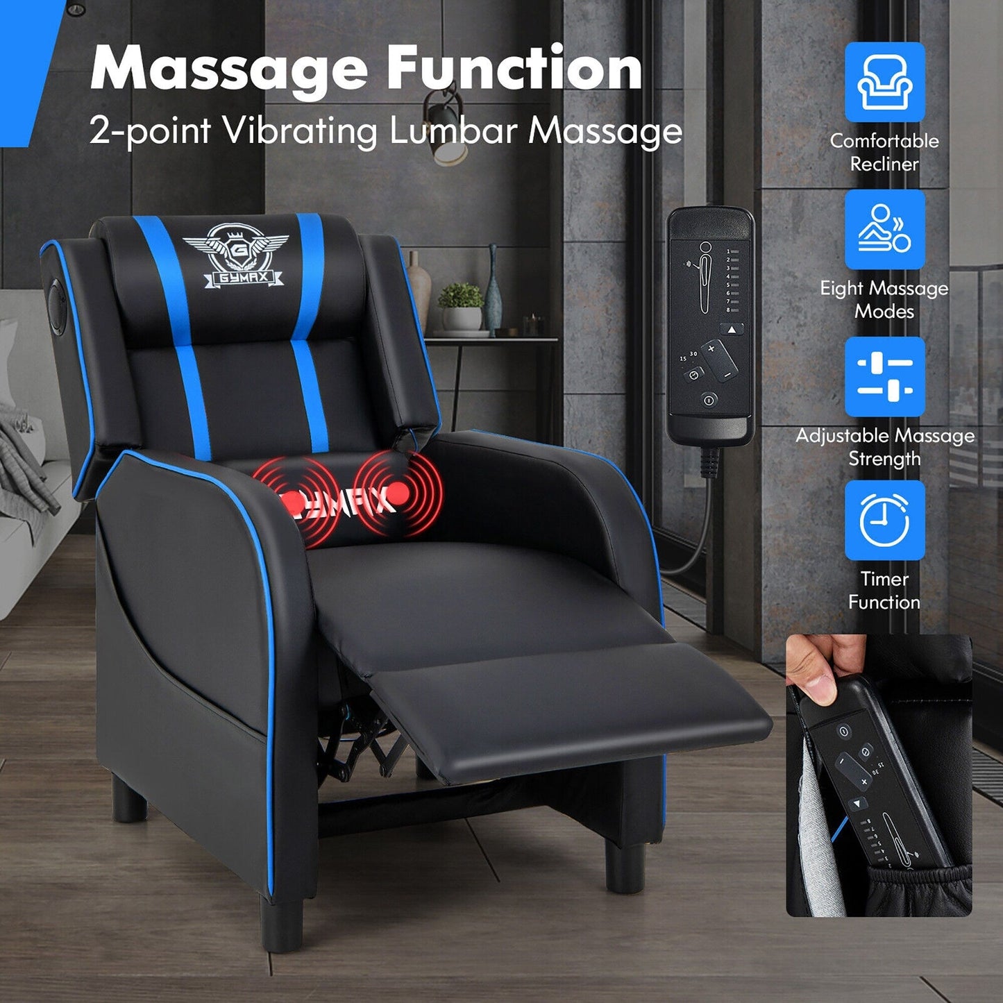 Fauteuil de jeu inclinable avec massage en cuir PU Gymax, siège inclinable individuel.