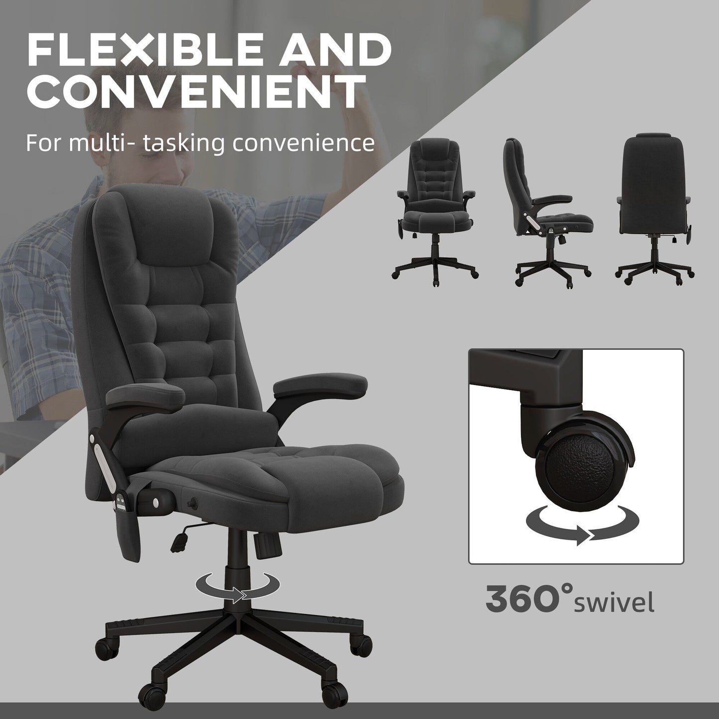 HOMCOM Chaise de bureau de massage vibrante à 6 points avec chauffage, chaise de bureau de direction à dossier haut en velours avec dossier inclinable