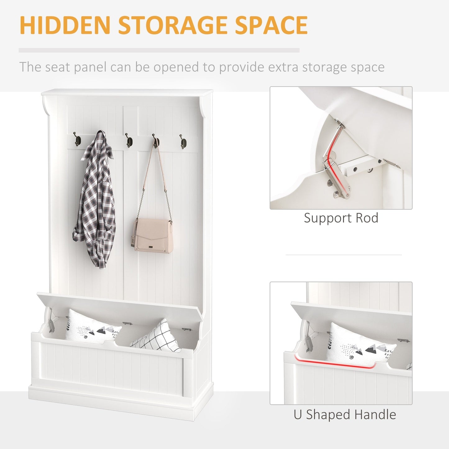 HOMCOM 71 Banc de rangement et porte-manteau 3-en-1 avec 5 crochets doubles en acier et ancrage anti-basculement pour entrée