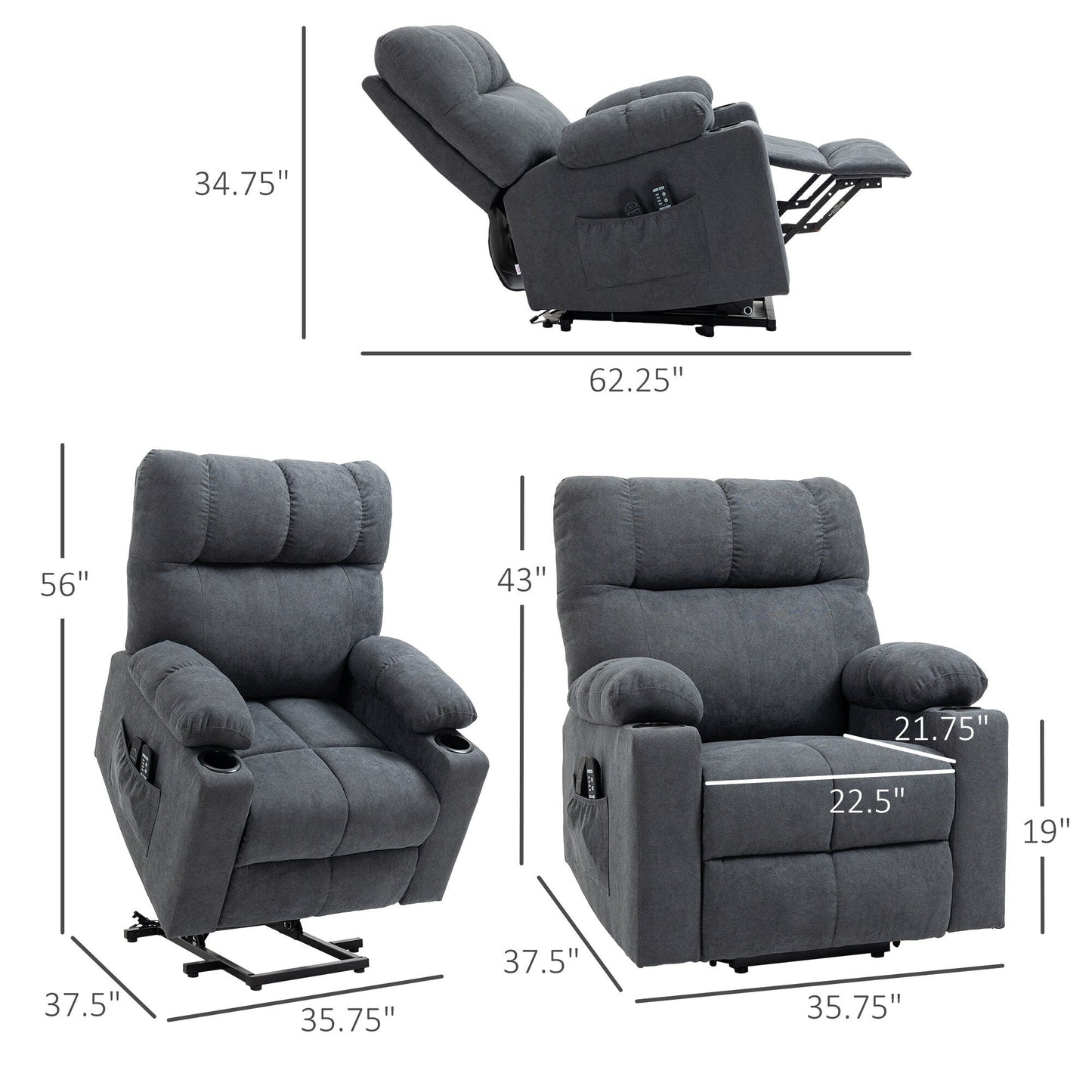 HOMCOM Fauteuil inclinable électrique à levage motorisé pour personnes âgées, fauteuil inclinable de salon surdimensionné avec télécommande