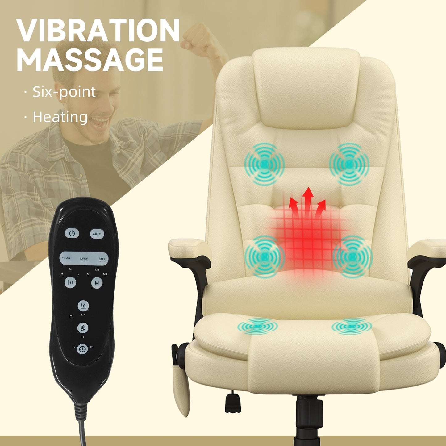 HOMCOM Chaise de bureau de massage à vibration avec dossier haut et 6 points de vibration, beige