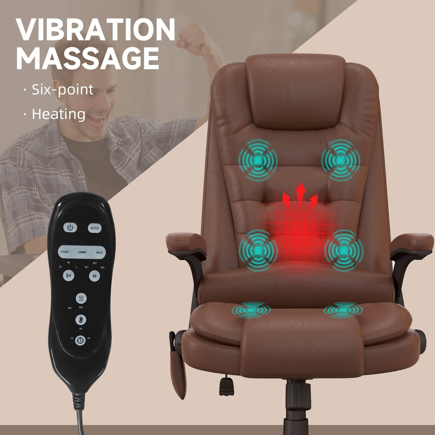 HOMCOM Chaise de bureau de massage à vibration avec dossier haut et 6 points de vibration, beige