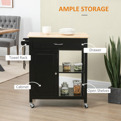 Chariot de cuisine HOMCOM, chariot utilitaire à roulettes avec plateau en bois, étagère ouverte et tiroir de rangement pour salle à manger, cuisine